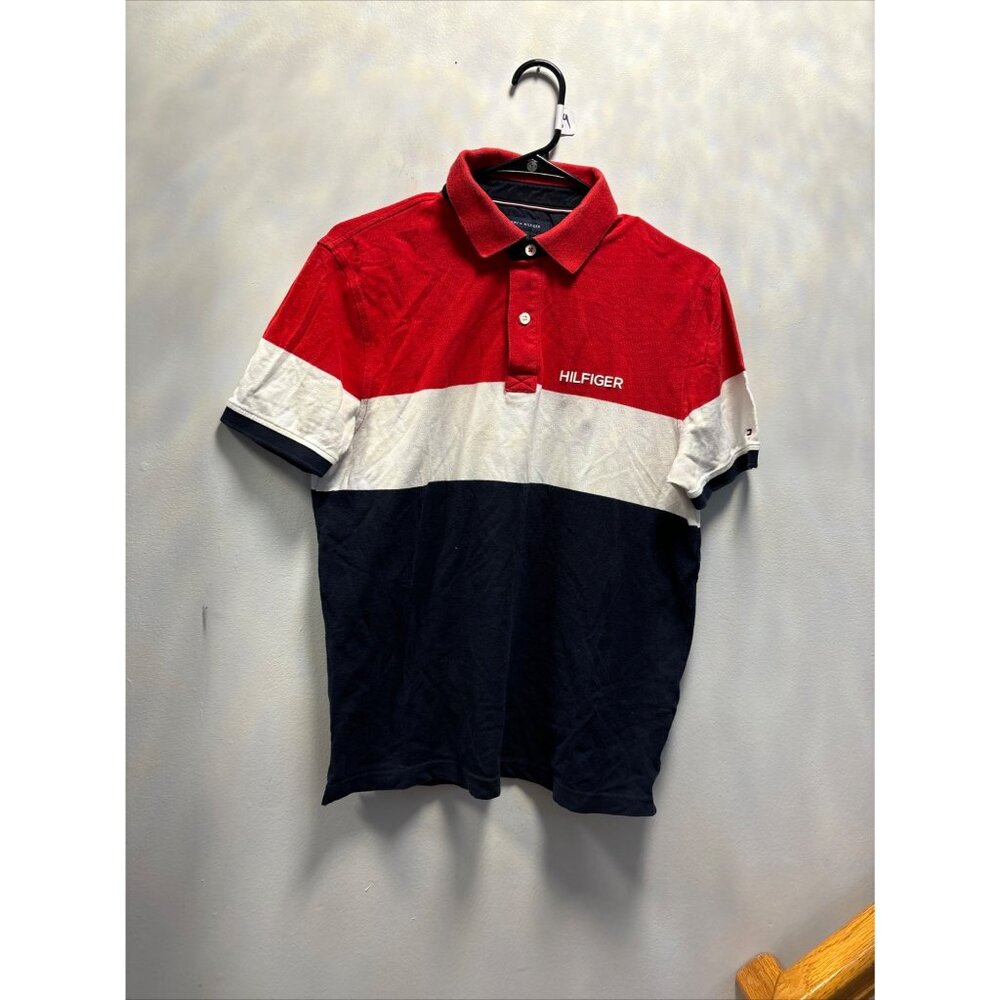Tommy Hilfiger Mens Red/White/Blue Colorblock Polo Shirt Size M Stretch Cotton S